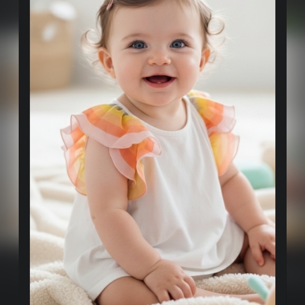 Chloé Paris Baby Girl's Designer White T-Shirt with Vibrant Ruffle Sleeves Sz 6M - Picture 1 of 14